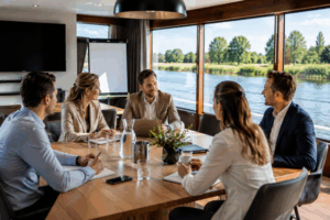 overleg in vergaderruimte bij het water