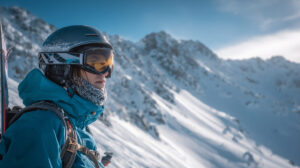 Skiër met helm, skibril en gewatteerde jas kijkt uit over besneeuwde bergtoppen tijdens een wintersportvakantie