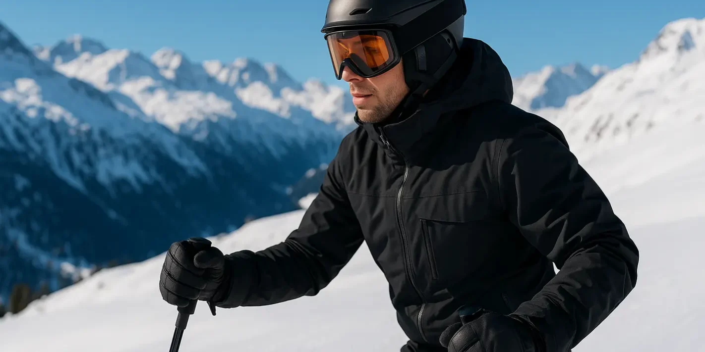 Wintersportuitrusting kiezen: waar let je op als je de piste opgaat? Skiër in volle winteroutfit op besneeuwde piste bij wintersportuitrusting kiezen