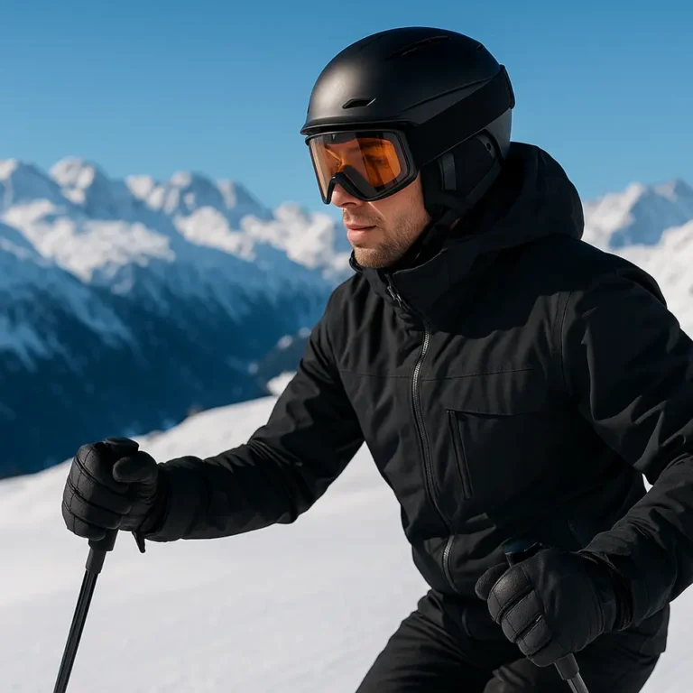Skiër in volle winteroutfit op besneeuwde piste bij wintersportuitrusting kiezen