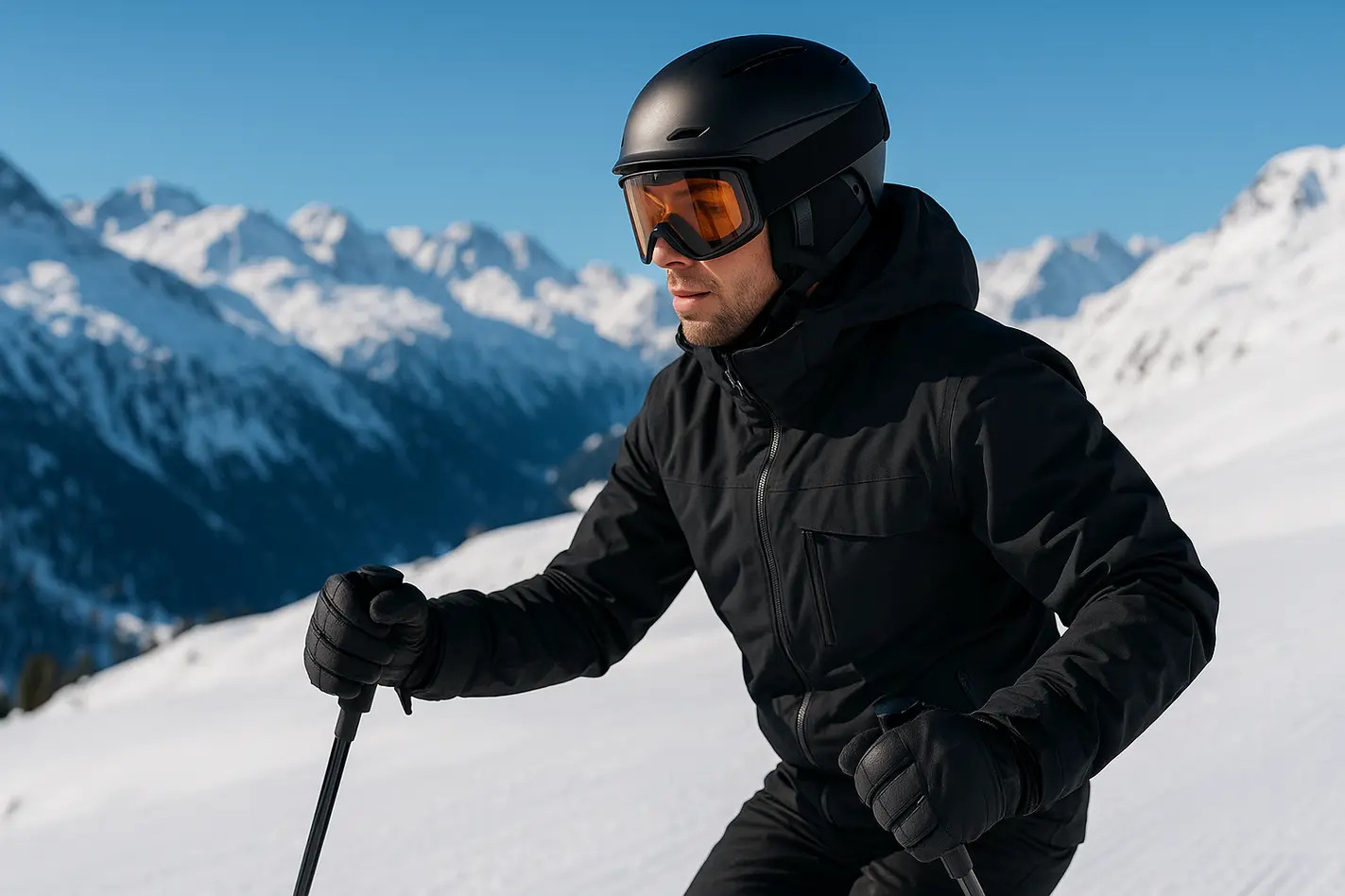Wintersportuitrusting kiezen: waar let je op als je de piste opgaat? Skiër in volle winteroutfit op besneeuwde piste bij wintersportuitrusting kiezen