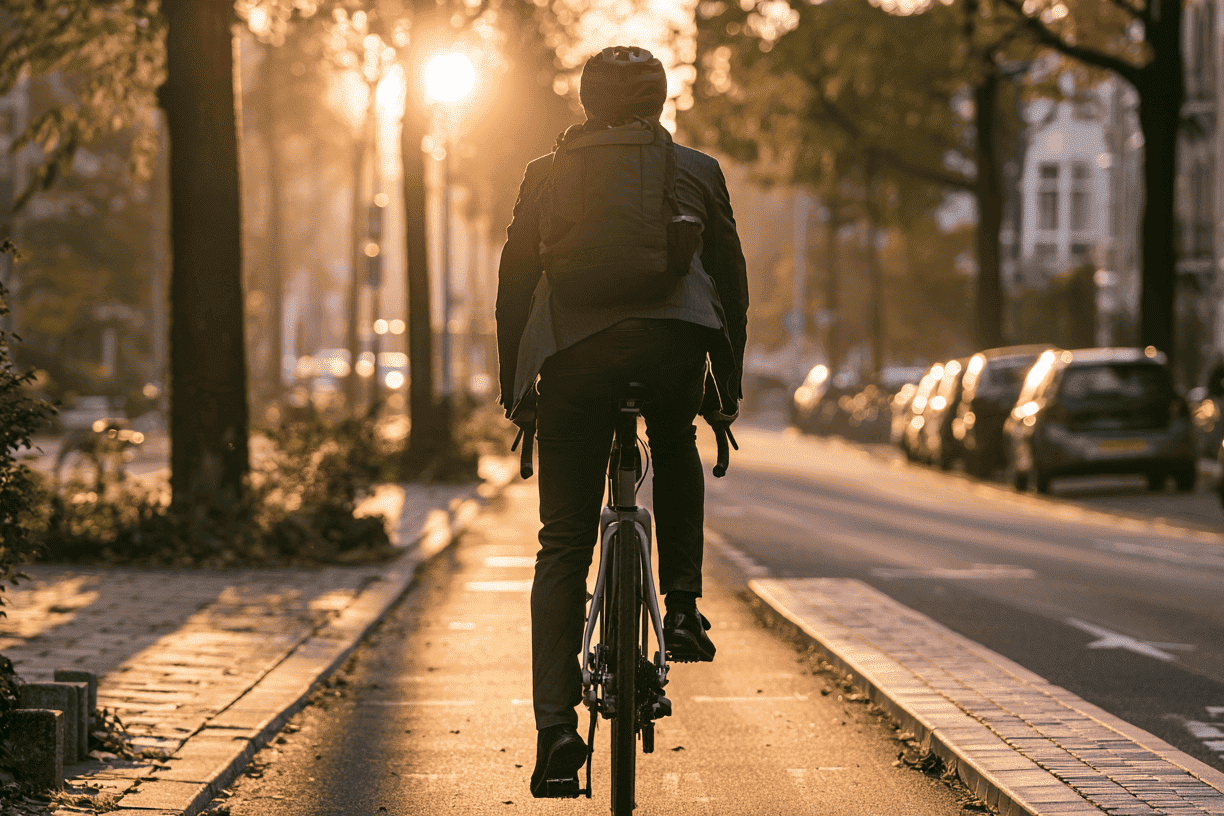 fiets-woon-werkverkeer-fietser-ochtend Fietser rijdt in de ochtend op een fietspad naar het werk