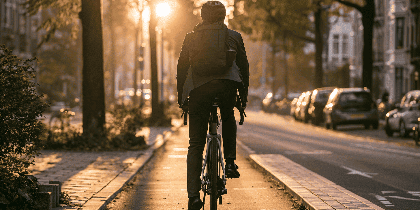 fiets-woon-werkverkeer-fietser-ochtend Fietser rijdt in de ochtend op een fietspad naar het werk