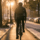 Fietser rijdt in de ochtend op een fietspad naar het werk