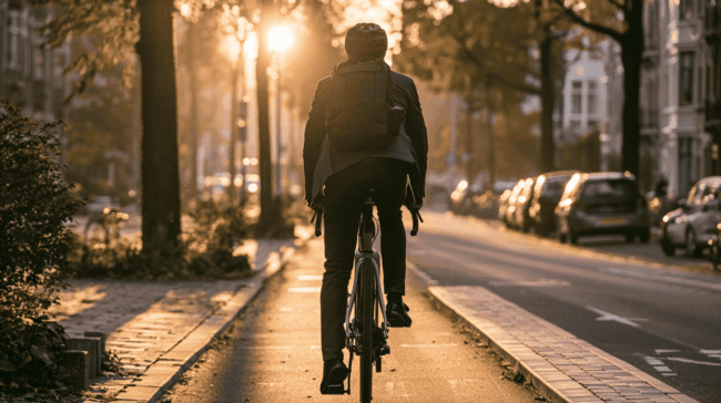 Fietser rijdt in de ochtend op een fietspad naar het werk