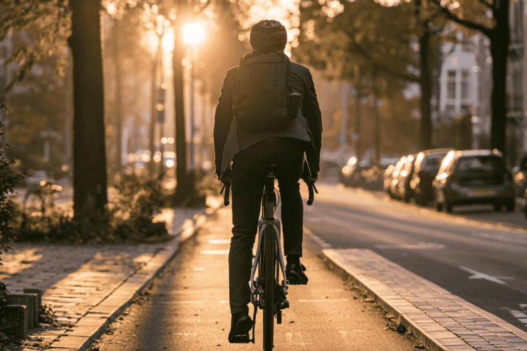 Fietser rijdt in de ochtend op een fietspad naar het werk