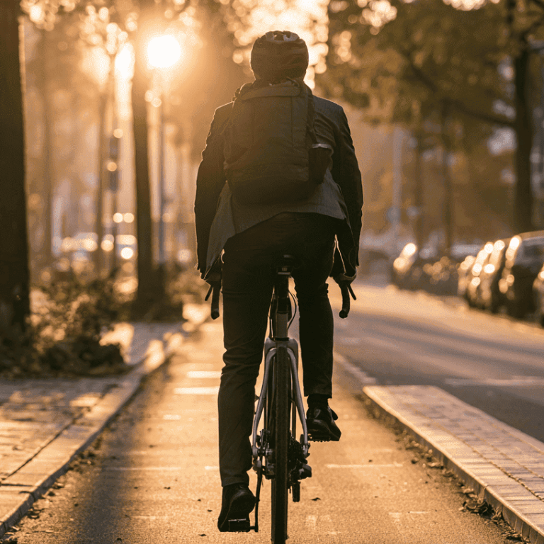 Fietser rijdt in de ochtend op een fietspad naar het werk